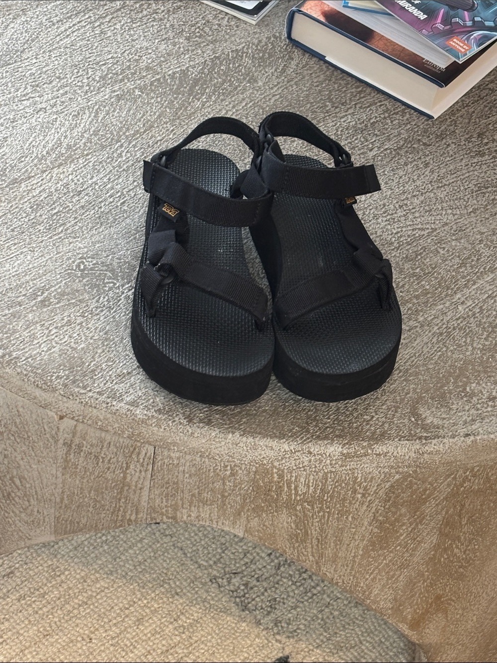 Teva Black Platform Strappy Sandals Gold Logo